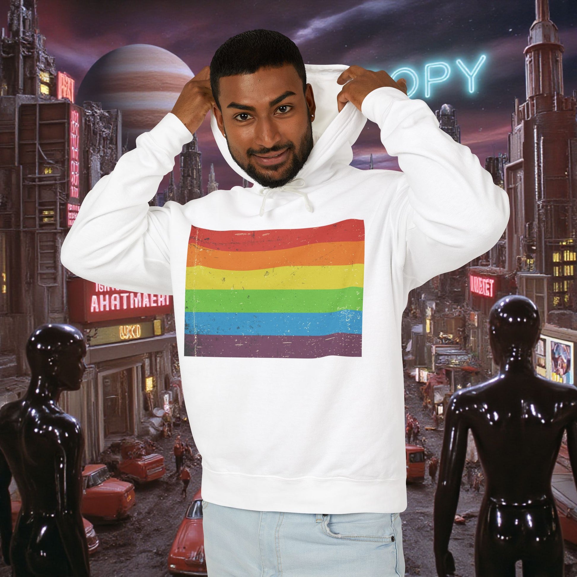 Hoodie Sweatshirt | Distressed Vintage Pride Flag