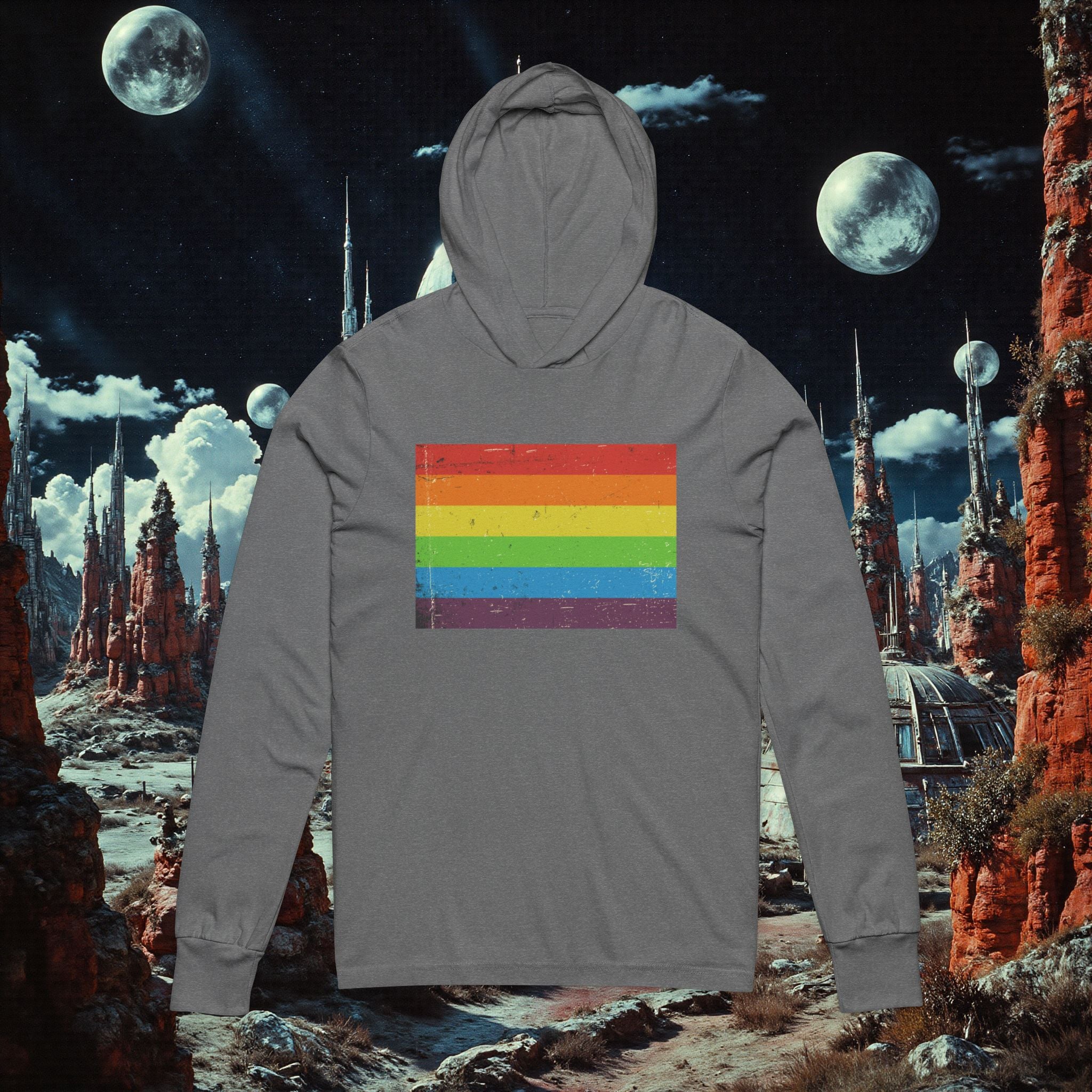 Hooded Long Sleeve Tee | Distressed Vintage Pride Flag