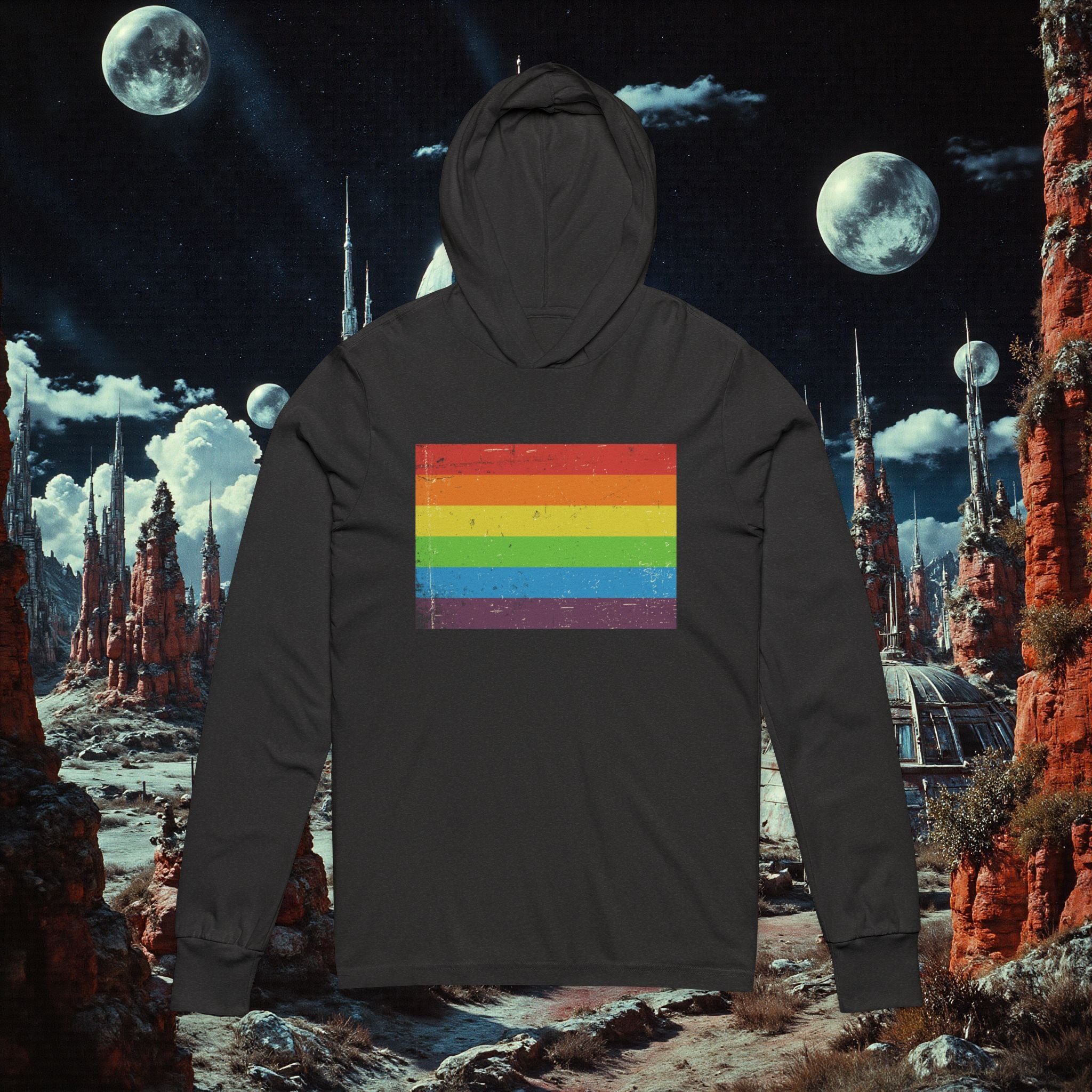 Hooded Long Sleeve Tee | Distressed Vintage Pride Flag