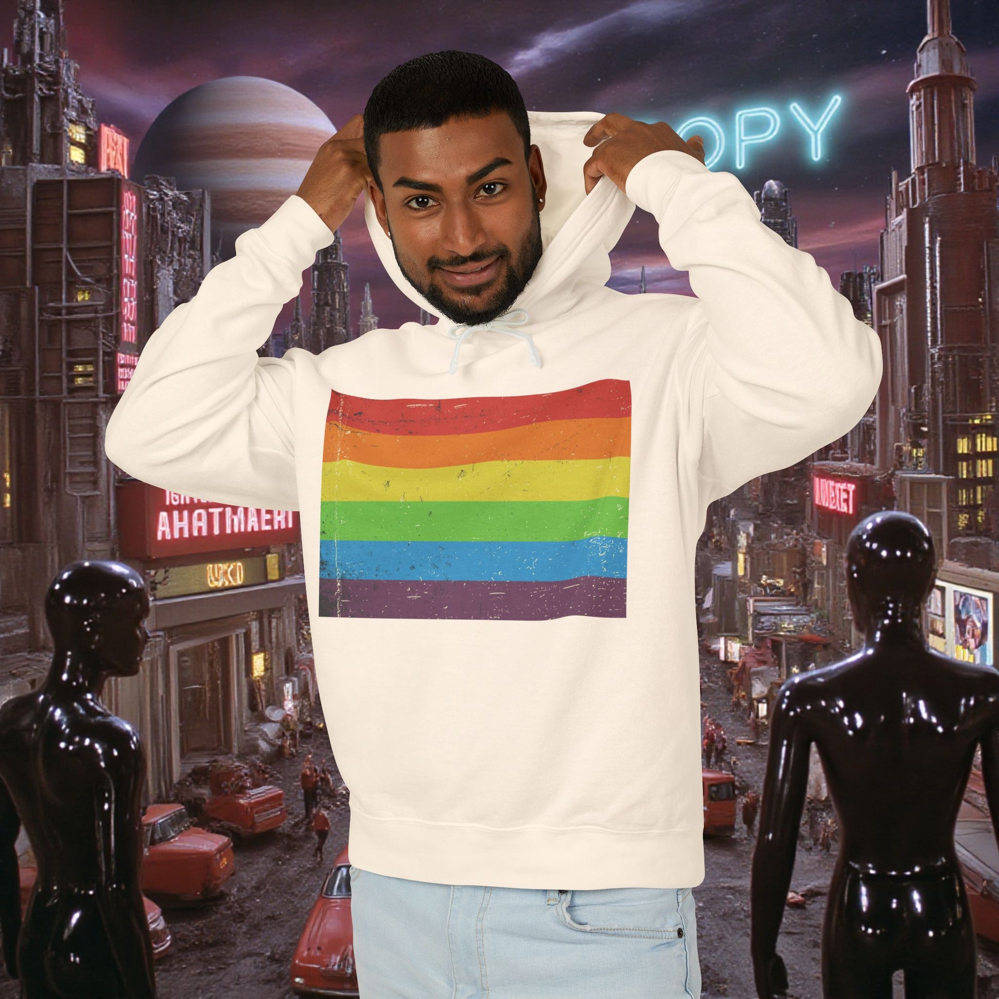Hoodie Sweatshirt | Distressed Vintage Pride Flag